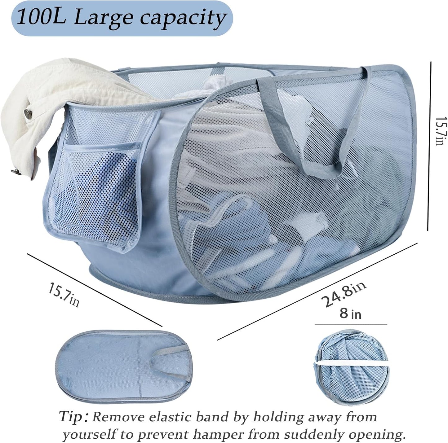 Extra Large Mesh Pop Up Laundry Hamper 2 Pack, 100L Foldable Laundry Baskets, Dirty Clothes Hamper with Pocket, Collapsible Hampers for Travel, Nursery, Dorm or Home. Grey 2H