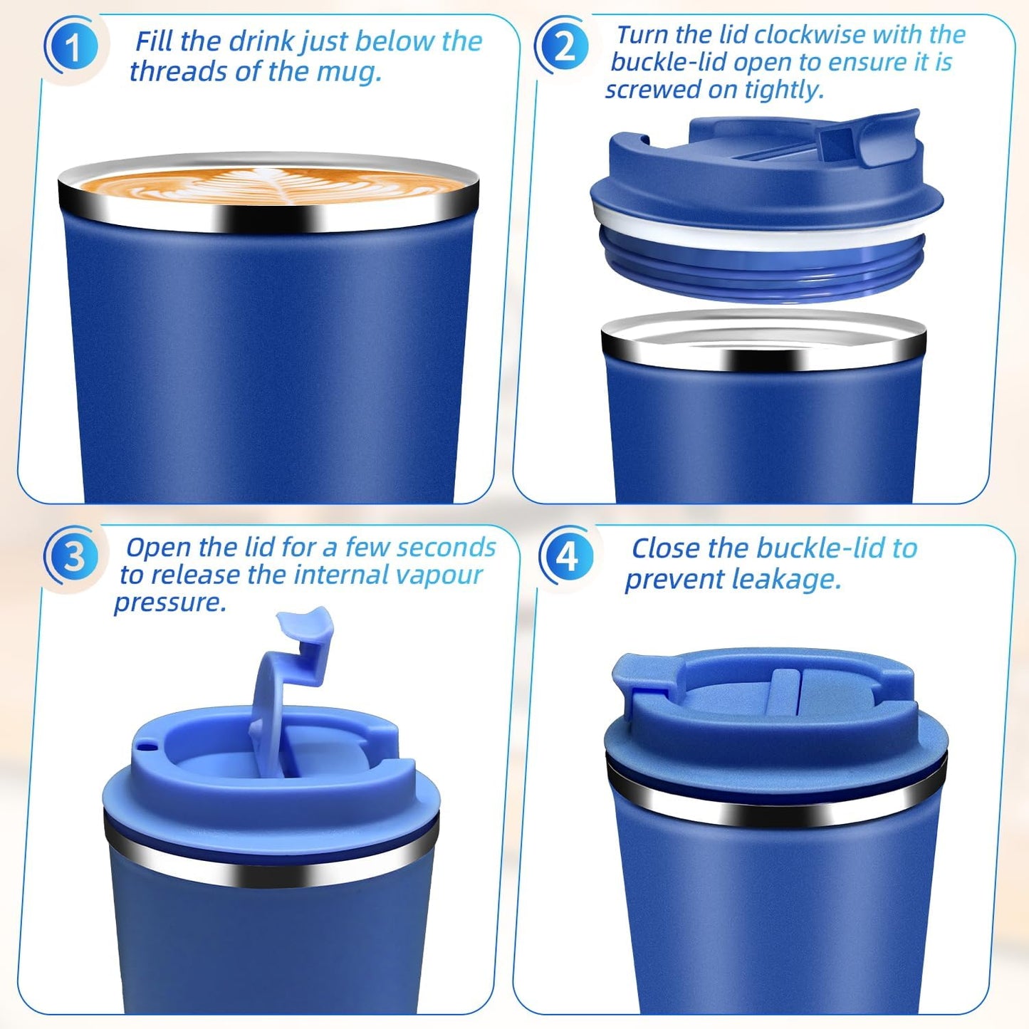 Insulated Travel Coffee Mug Reusable Coffee Tumbler Cup with Flip Lid Leak Proof Spill Proof for Office School Party Camping Hot and Cold Drink,Stainless Steel 17oz (Light Dark Blue)