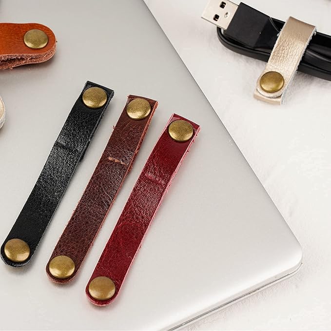 20 Pack Leather Cable Straps Cord Organizers Leather Cable Ties Cord Snap On Cable Holders Keepers For Travel, USB Charging Cable Management Winder Earphone Wrap, Gifts for Women Men