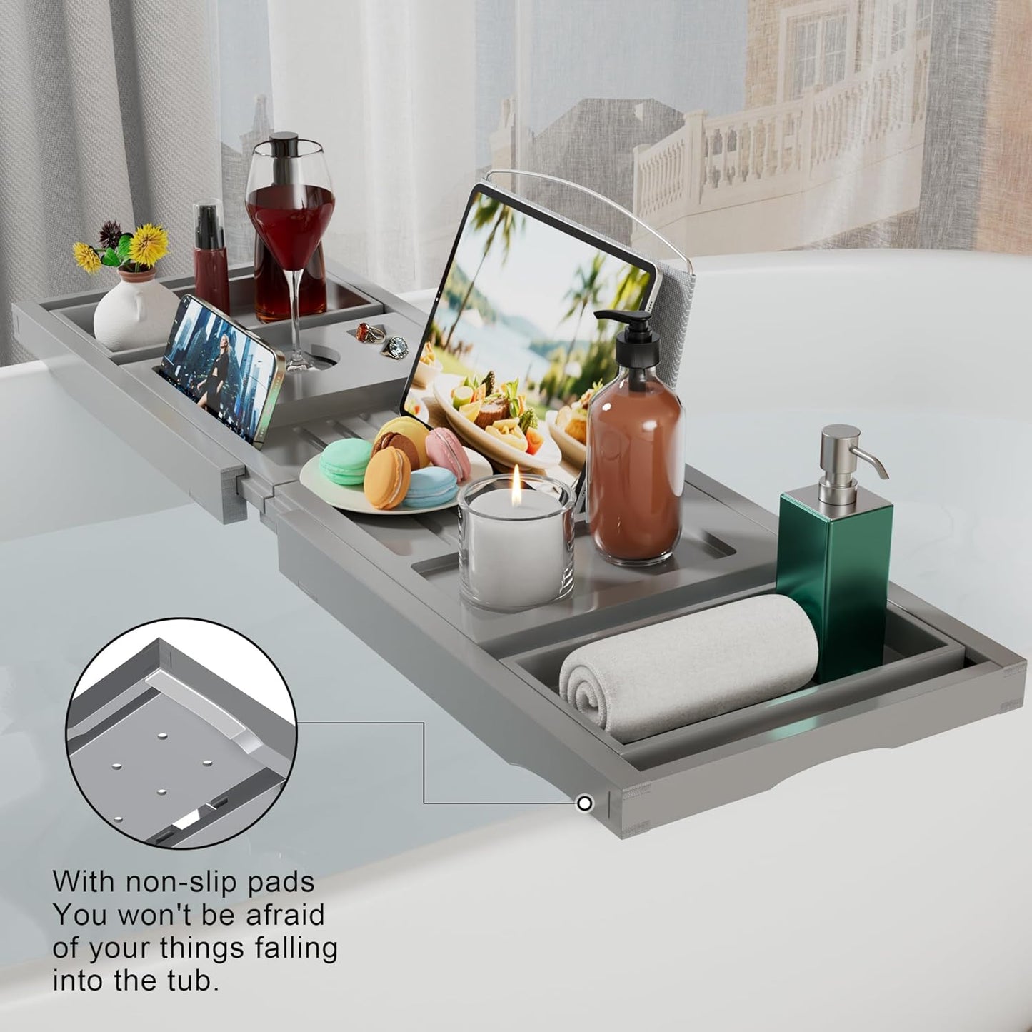 Bathtub Caddy Tray for Tub,Foldable Bath Table Trays,Bamboo Shelf with Book and Wine Glass Holder,Bathroom Accessories Suitable for Luxury Spa or Reading,Gray
