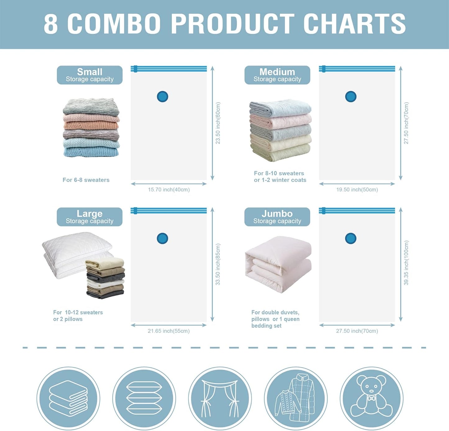 8 Pack Vacuum Storage Bags, Space Saver Bags (2 Jumbo/2 Large/2 Medium/2 Small) Compression Storage Bags for Comforters and Blankets, Vacuum Sealer Bags for Clothes Storage, Hand Pump Included