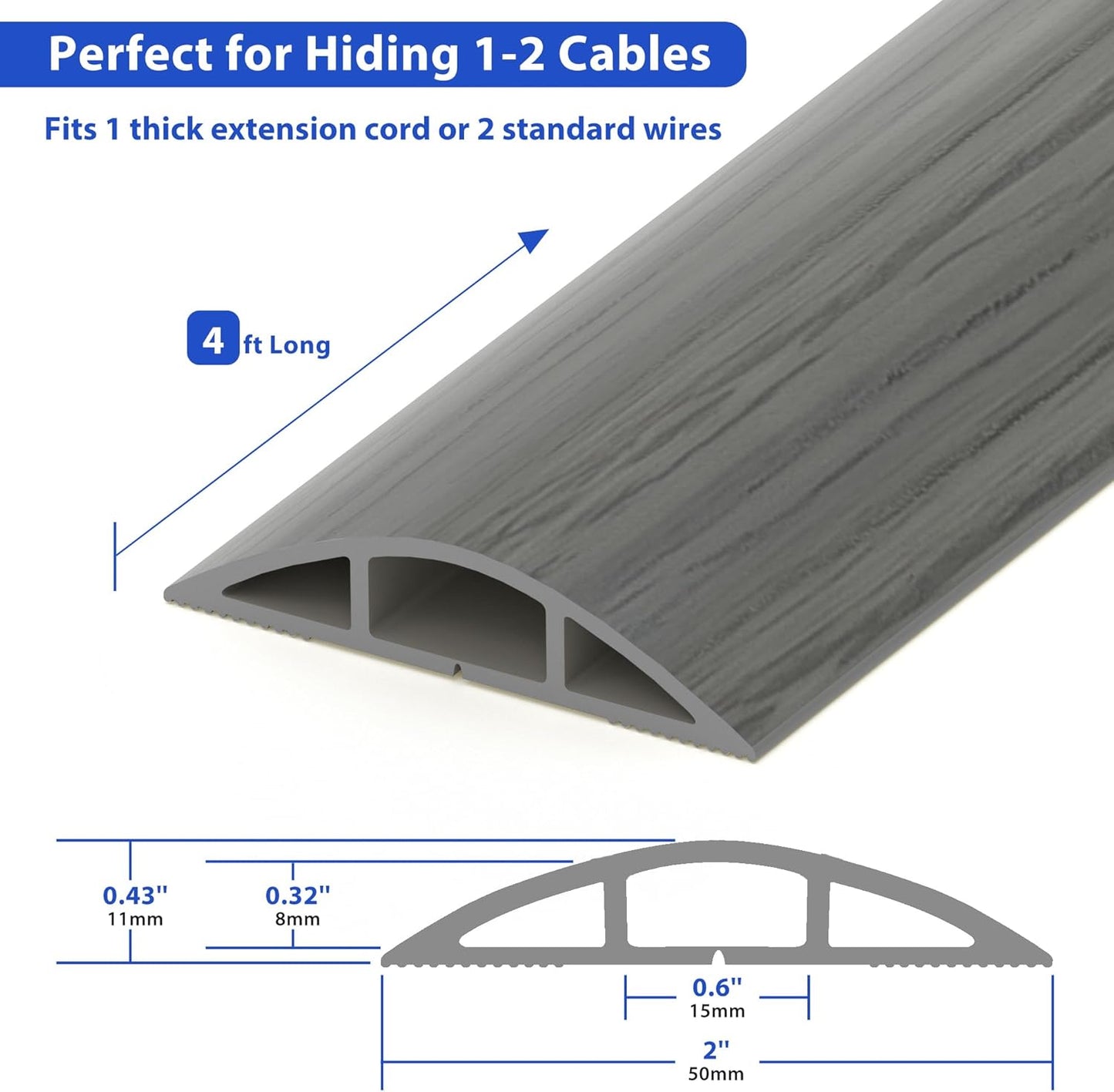 Floor Cord Cover 4ft, Cord Hider Floor Hide Extension Cords, PVC Cable Management Cover, Cable Protector Cord Cavity W0.6in x H0.32in Grey Wood