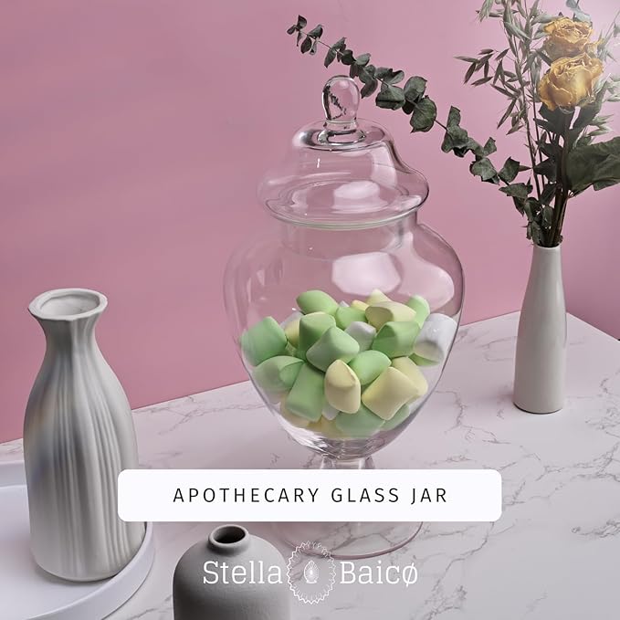 Clear Glass Apothecary Jars with Lid, Glass Candy Jar for Candy Buffet, Elegant Decorative Glass Jars for Wedding, Display and Party, Large Candy Canisters (Height: 12.6", Diameter: 6.3")