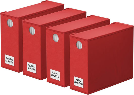 SpaceAid 4 Pack Bed Sheet Organizers and Storage, Foldable Sheet Organizer for Linen Closet, Sheets Set Folder Keeper with Window XL (Queen & King Size) Bedding Container (Red, 4 Pack)