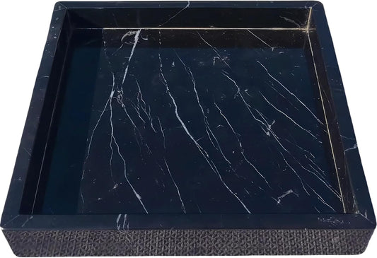 Square Natural Marble Vanity Tray: Luxury 8x8 Polished Organizer for Bathroom Kitchen Dresser Makeup Jewelry Coffee Table Home Decor, Black