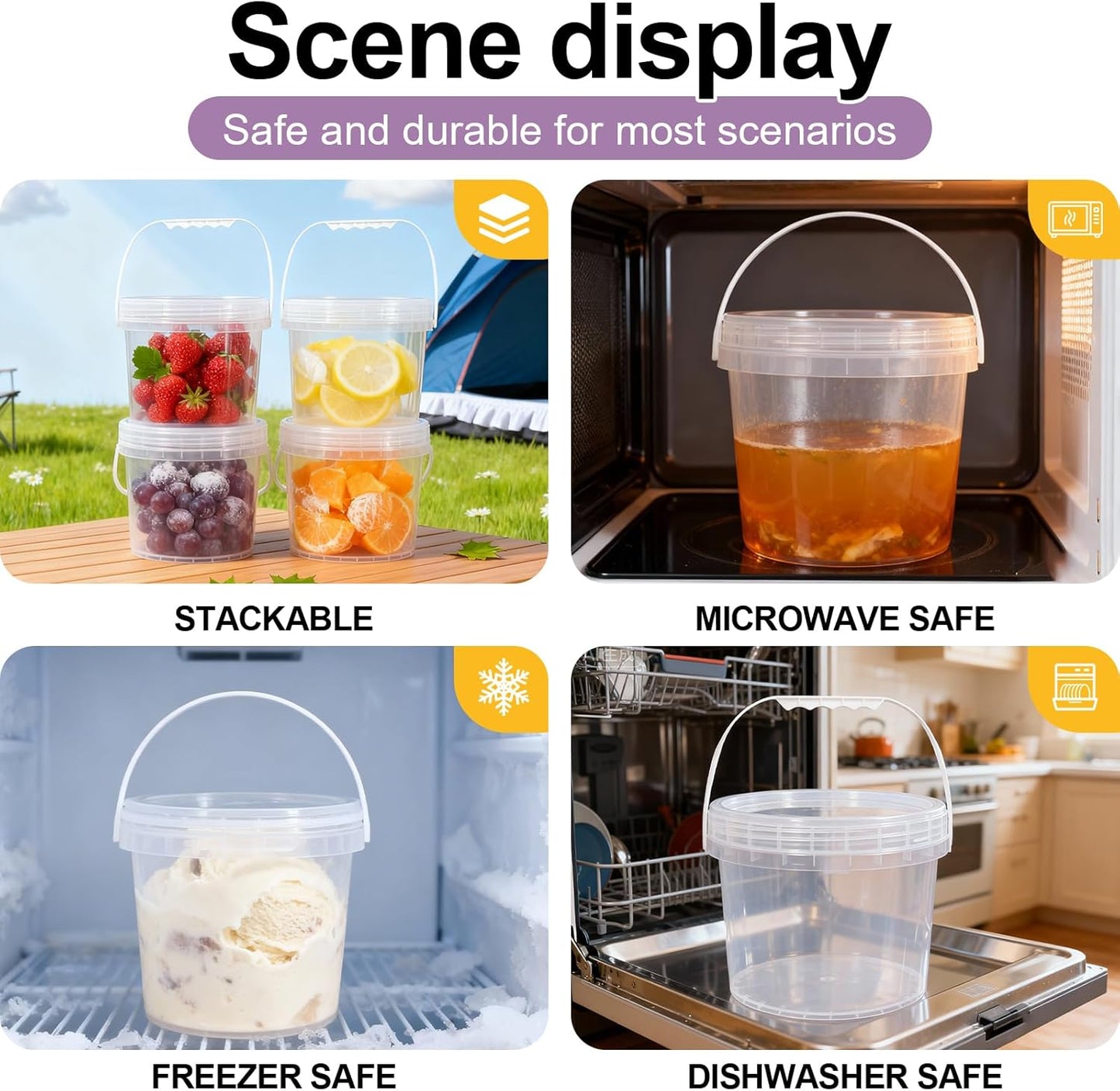 4 Pack 1 Gallon Food Grade Plastic Buckets with Screw Lids & Handle, Reusable Storage Containers for Snacks, Salad, Sauce - Clear Freezer Safe Bucket Set