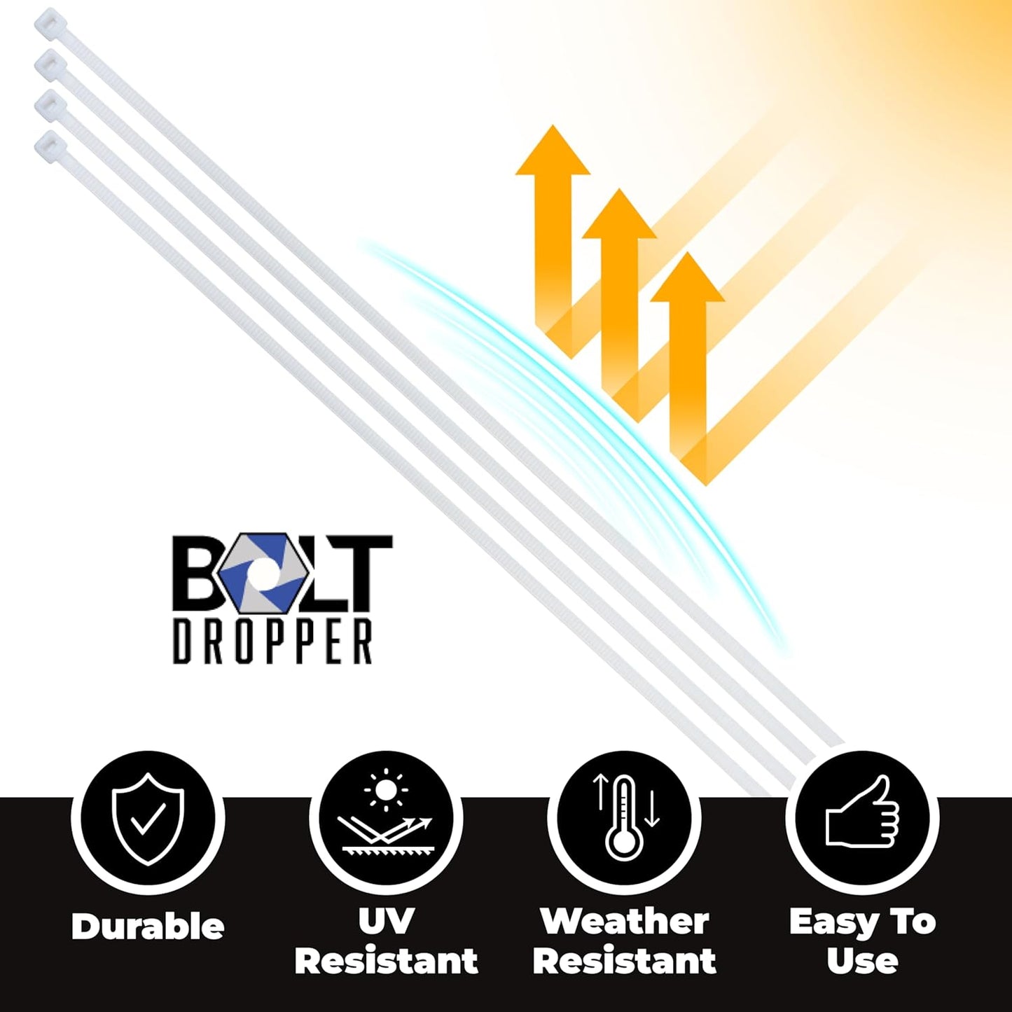 Bolt Dropper White Zip Ties - 50 lbs Tensile Strength - Self-Locking Premium Nylon Cable Ties Wraps for Indoor and Outdoor - Wire Management and Secure Items - Zip Ties Heavy Duty - 11" - 2000 Pack