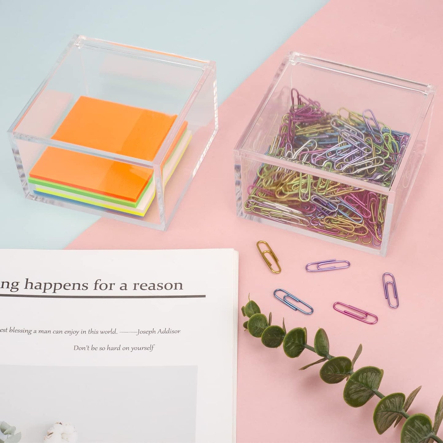 2 Pack Clear Acrylic Organizer with Lid for Paper Clips,Sticky Note,Qtip,Cotton Balls,Hair Ties Holder Acrylic Box for Home Office Bathroom Desk Organizer