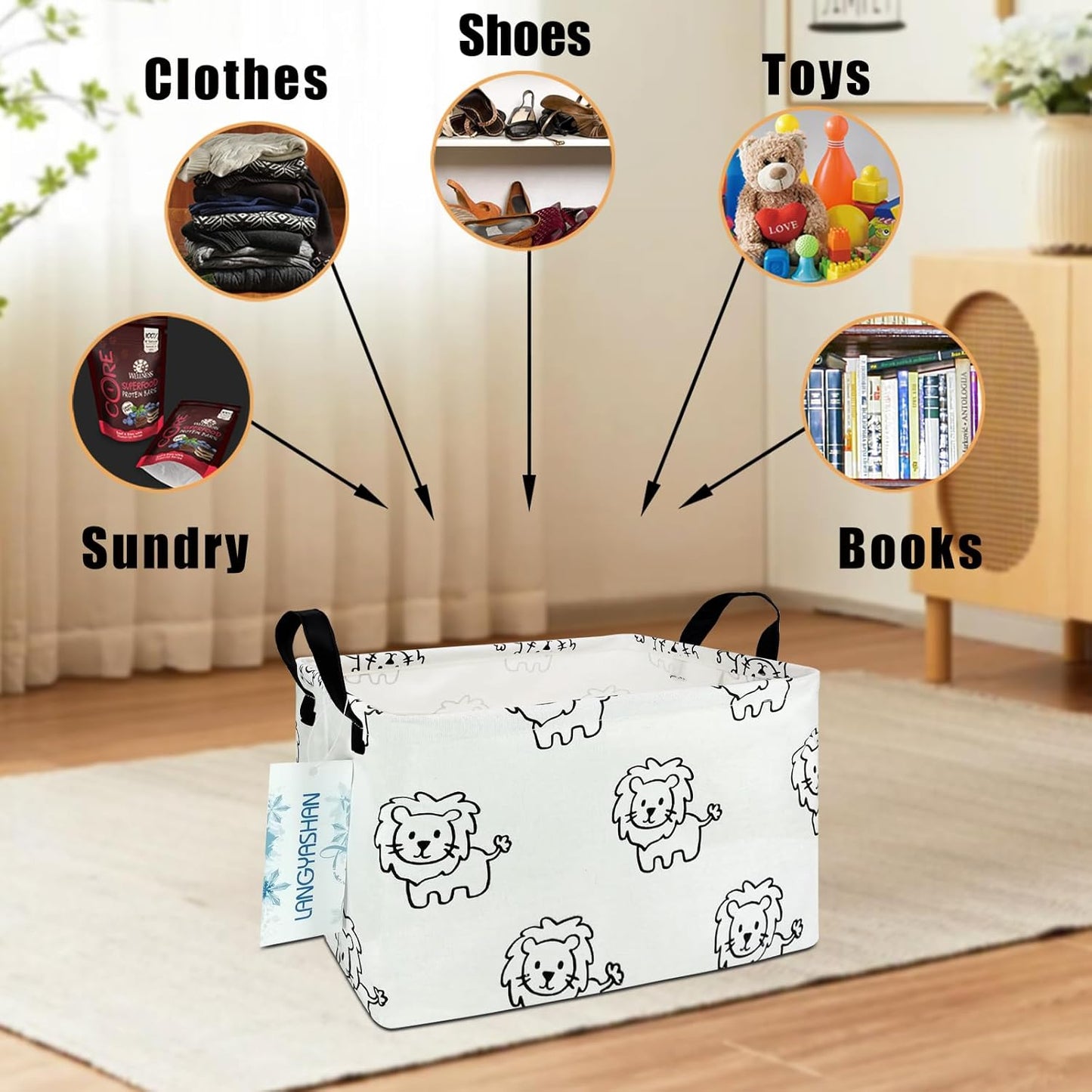 LANGYASHAN Rectangular Storage Bin Collapse Canvas Fabric Cartoon Storage Basket with Handles for Organizing Home Kitchen Boys and Girls Toys Office Closet Shelf Baskets (Rec lion)