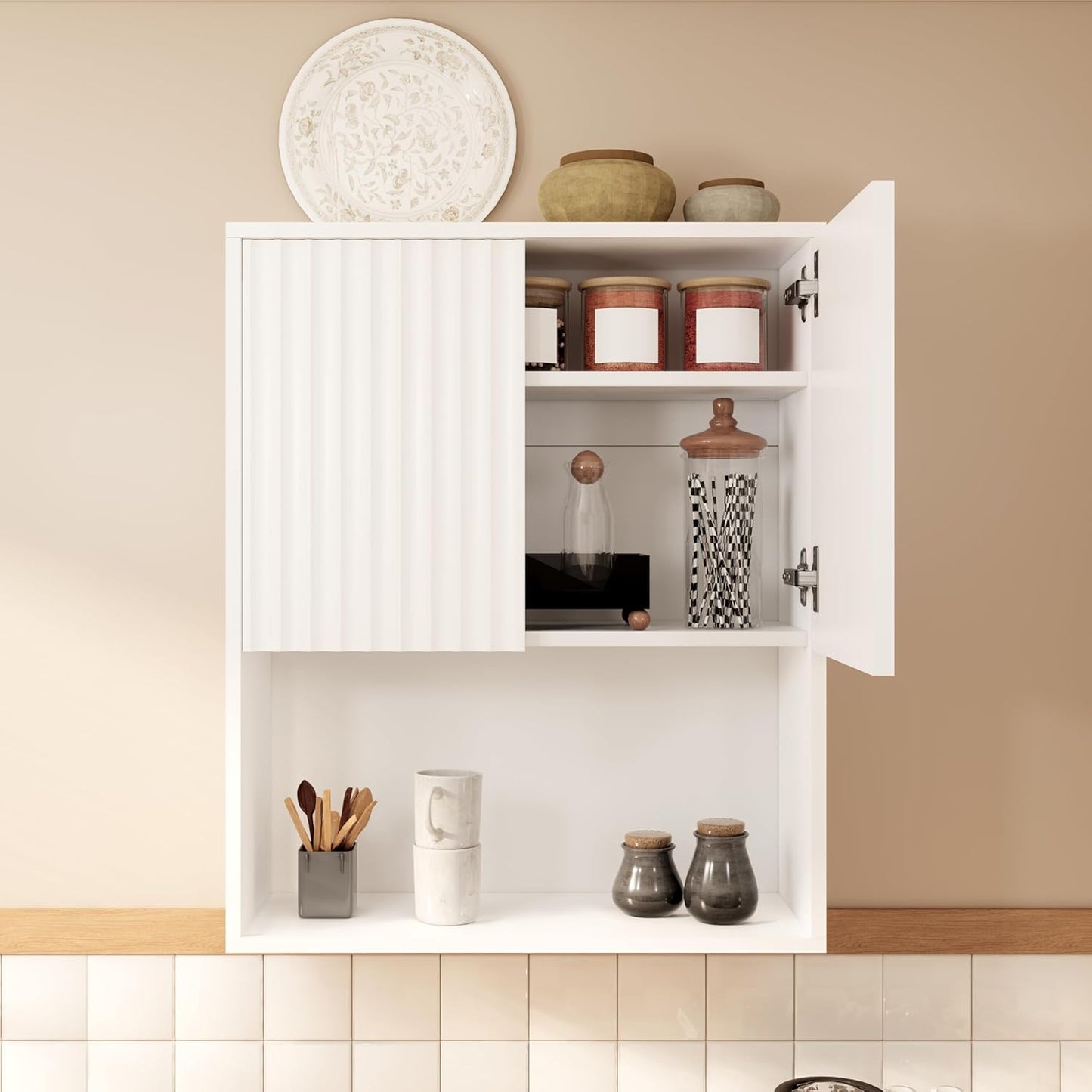 Fluted Bathroom Wall Cabinet,Medicine Cabinet with Adjustable Shelf,Over The Toilet Storage Cabinet for Laundry,Hanging Cabinet,Kitchen and Living Room Cabinets (White)