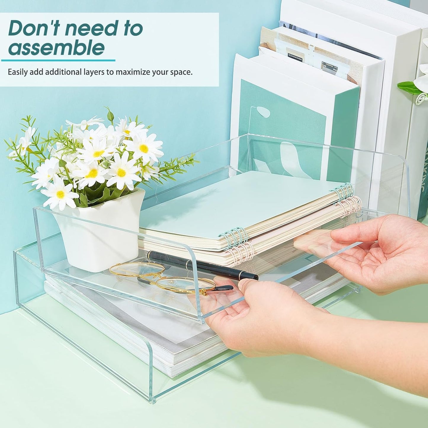 Yulejo 2 Pcs 12.4 x 8.74 x 2.68" Acrylic Desk Organizers Accessories Paper Storage Tier File Office Organizer Tray Stackable Document Clear Desk Accessories for Office Workspace Organization