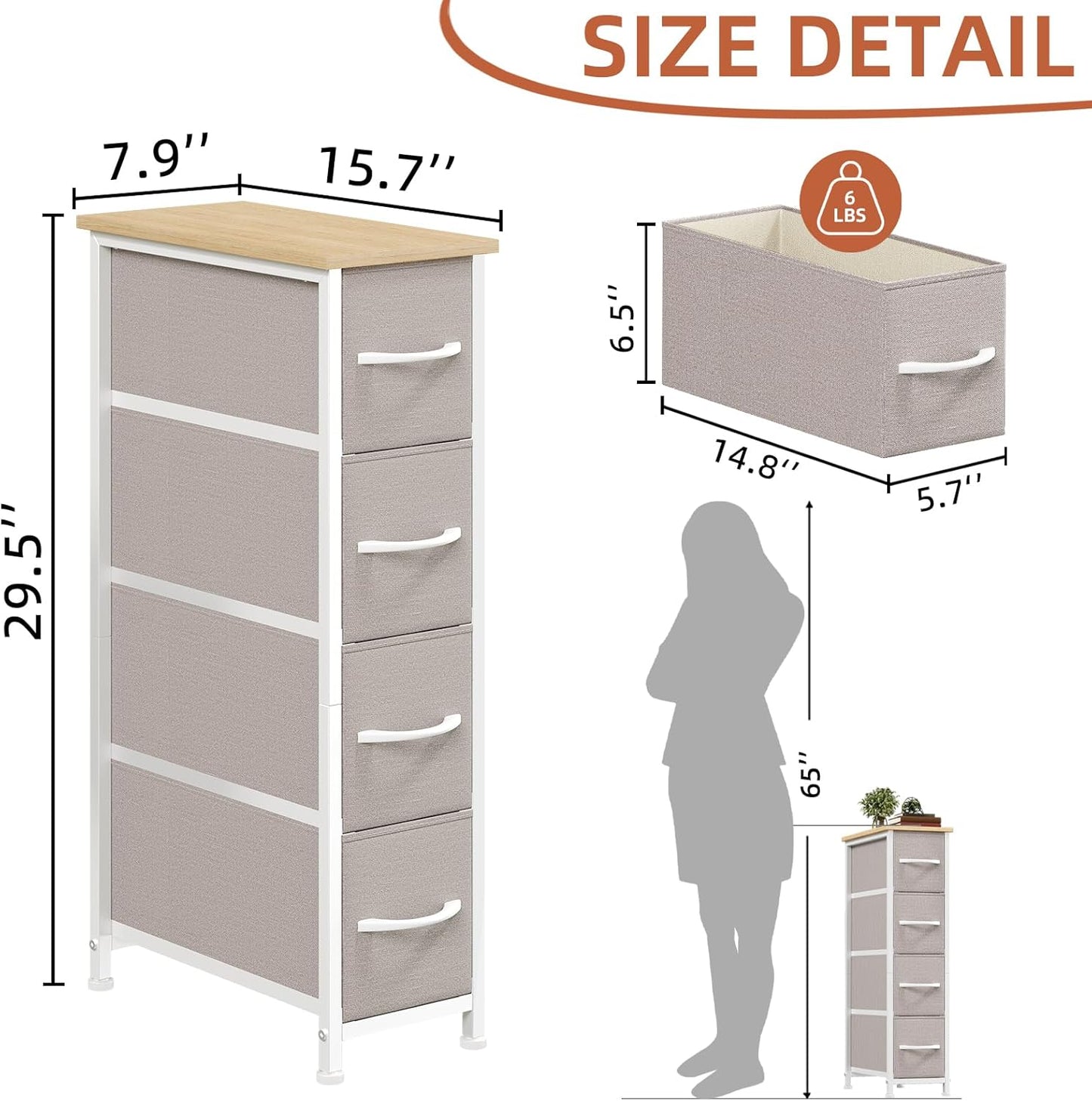 Somdot Narrow Dresser with 4 Drawers, Slim Storage Organizer Chest of Drawers with Removable Fabric Drawers for Small Spaces Bathroom Closet Bedroom Laundry, Ash Grey