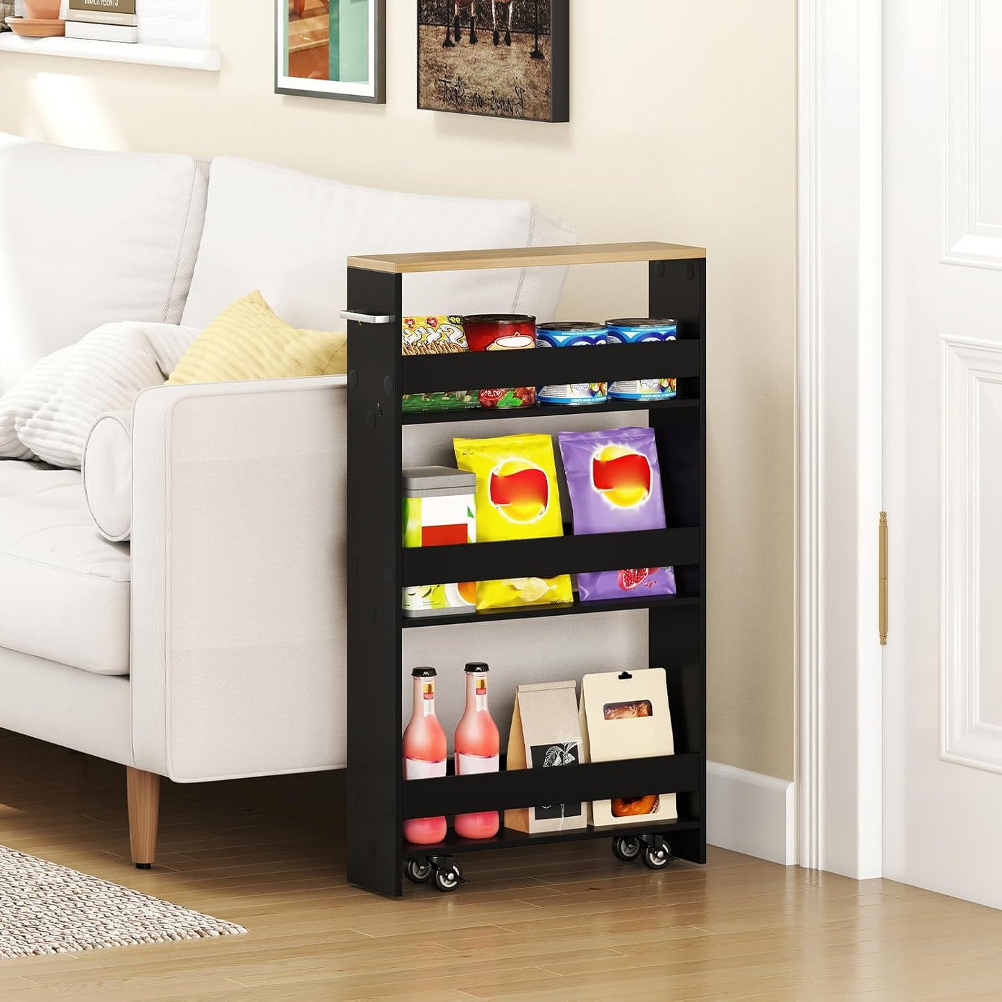 Small Kitchen Cart, 4-Tier Slim Rolling Island w/Handle, Laundry Room Storage Organizers Between Washer and Dryer, Narrow Spice Rack on Wheels Next to Fridge (Black, 5'')