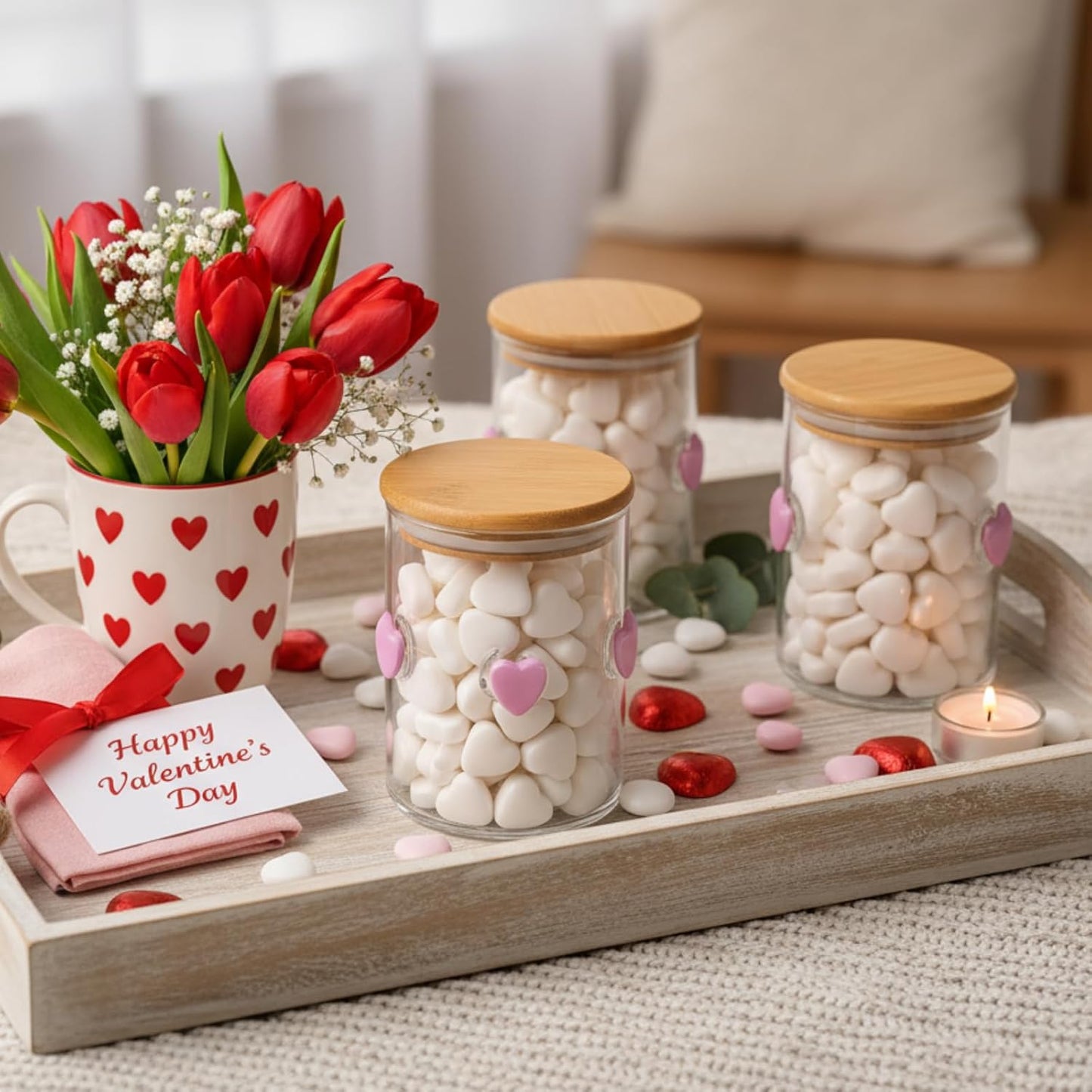3 Pcs Valentine's Day Icon Glass Storage Jars with Airtight Bamboo Lid Pink Heart Icon Valentine's Day Glass Jars Canister Sets for Home Kitchen Countertop Decoration