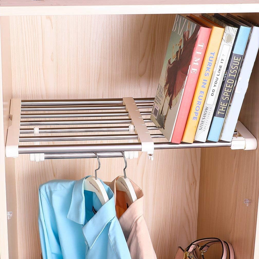 Hershii Closet Tension Shelf Expandable Telescopic Rod Heavy Duty Clothes Hanging Rail Adjustable DIY Storage Organizer Shoe Rack 7-Bar Extention for Garage Bathroom Kitchen Bedroom