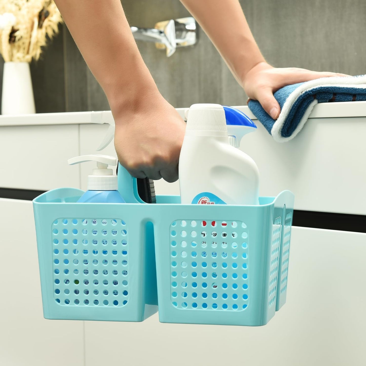 Portable Shower Caddy Basket with Compartments, Plastic Divided Cleaning Caddy Organizer Storage Tote with Handle for Bathroom, College, Dorm Room Essentials, Light Blue