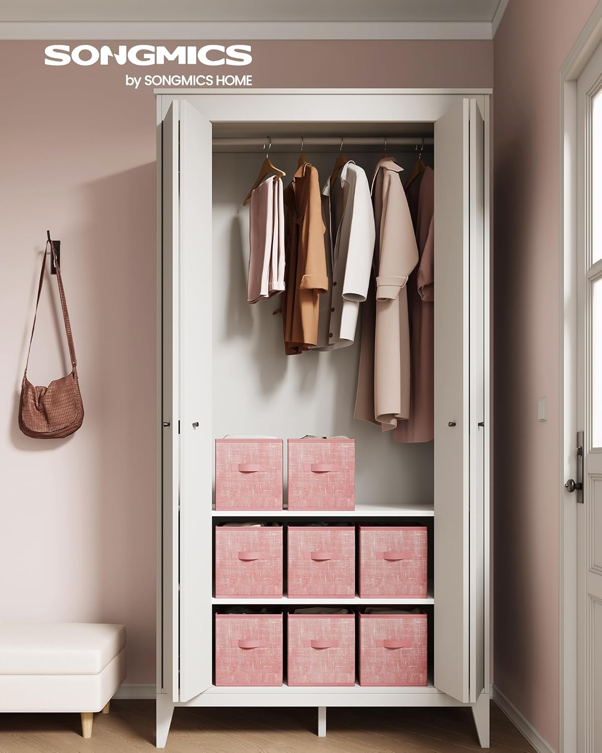 SONGMICS Storage Cubes, 10.2 x 10.2 x 11 Inches Non-Woven Fabric Bins with Double Handles, Set of 8, Closet Organizers for Shelves, Foldable, for Clothes, Jelly Pink UROB826R01