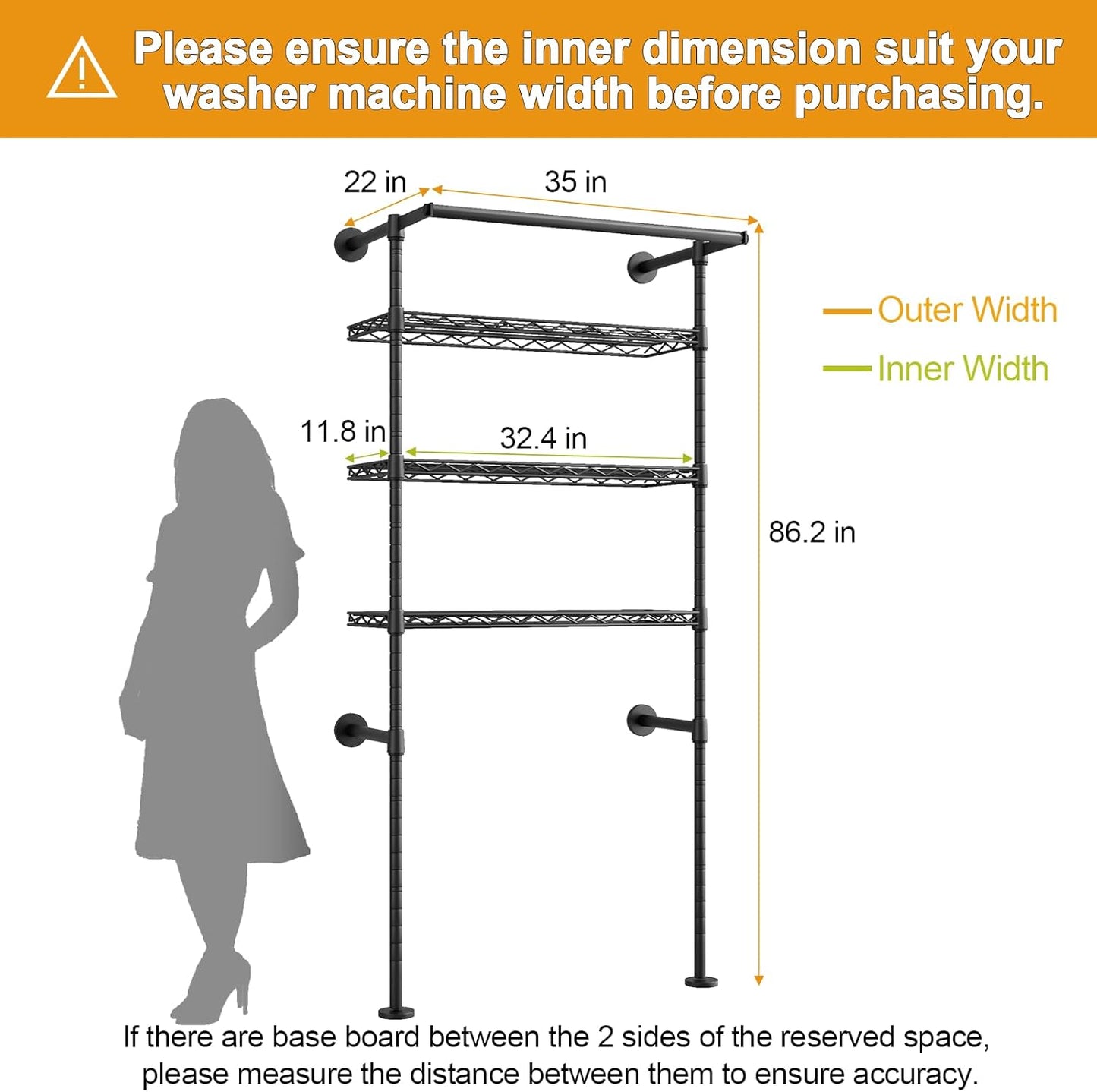 U17 Wall-Mounted Over Washer and Dryer Storage Shelves, Without Moving Washer or Dryer Laundry Room Storage Rack with Hanger Rod, 35" W x 22" D x 86.2" H, Holds 352 lbs, Black