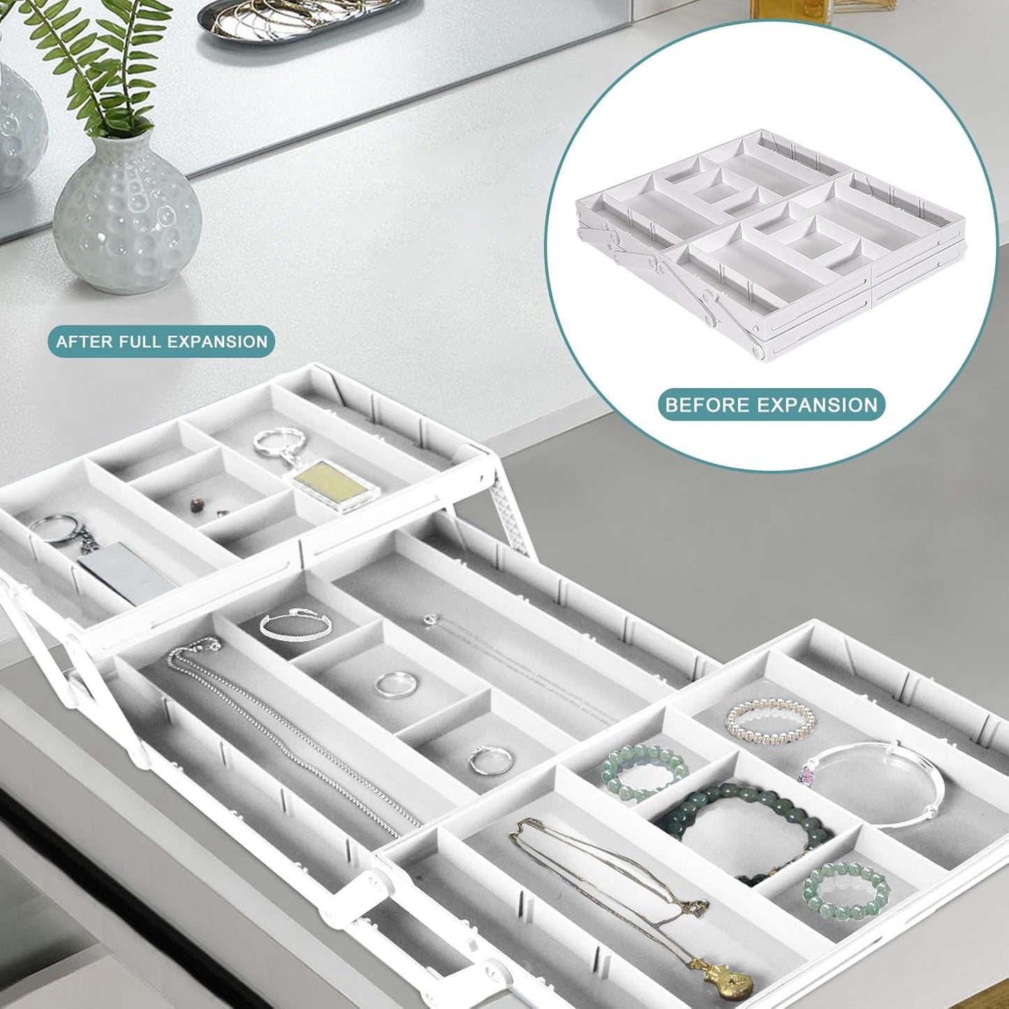 Aobiono Multi Level Smart Drawer Organizer, Multi Tier Expandable Storage Collapsible Foldable Trays for Jewelry, Cosmetics, Makeup, Tools, Battery (White, Double Row - 2 Levels)