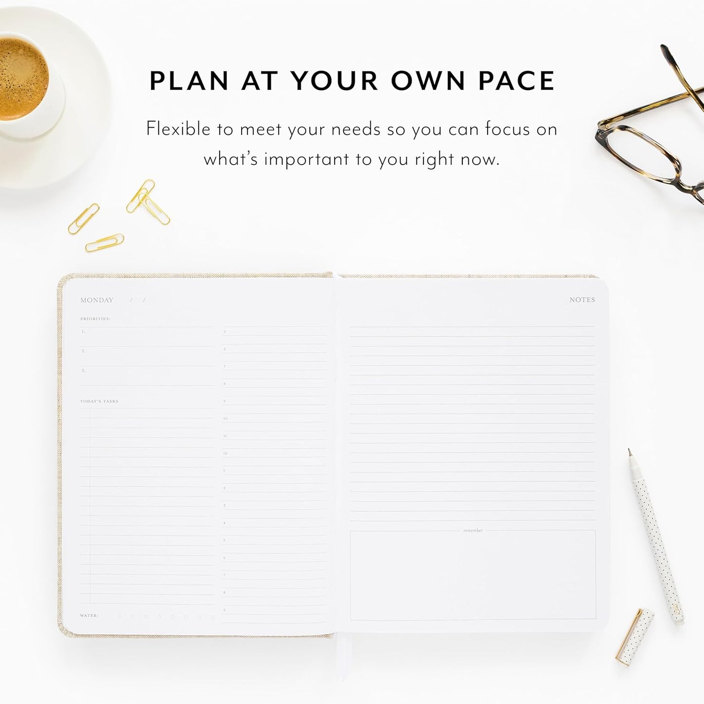 Sugar Paper Undated Daily Planner, Fabric Cover, 7 x 9 Inches, Hardcover Weekly Planner (Flax)