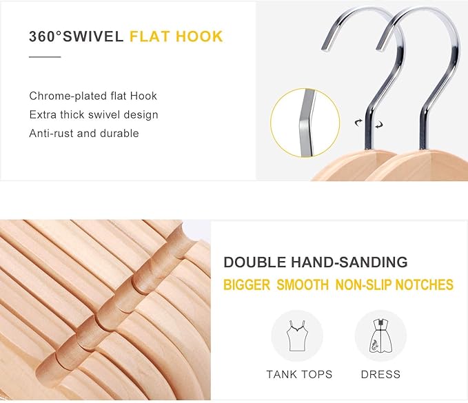 TOPIA Premium Wooden Hangers with Extra Thick Hook and Non Slip Pants Bar, Luxury Suit Hangers for Closet with Notches for Shirts - 16 Pack - CT01N