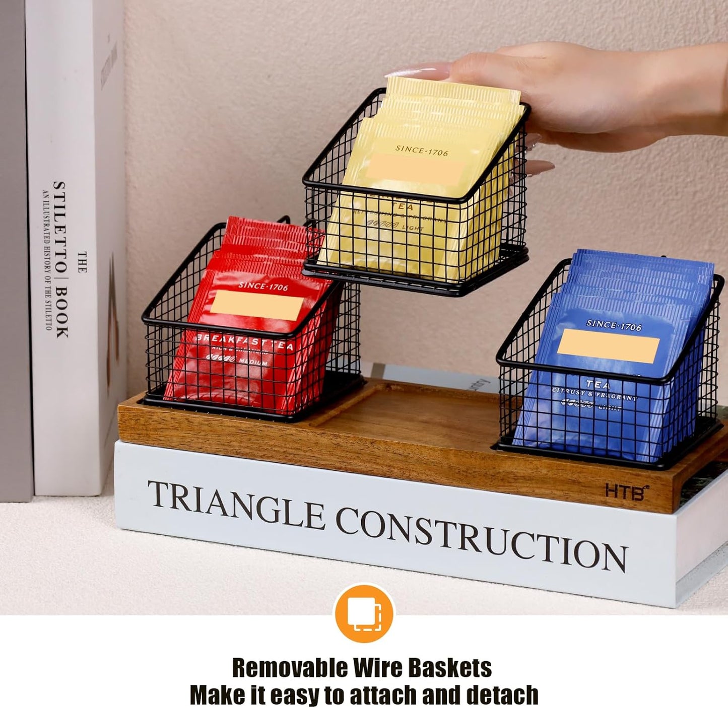 HTB Tea Organizer for Tea Bags, Tea Bag Holder with Acacia Wood Stand and 3 Removable Metal Basket for Sugar Packets, Sweeteners, Creamers for Cabinet, Countertop