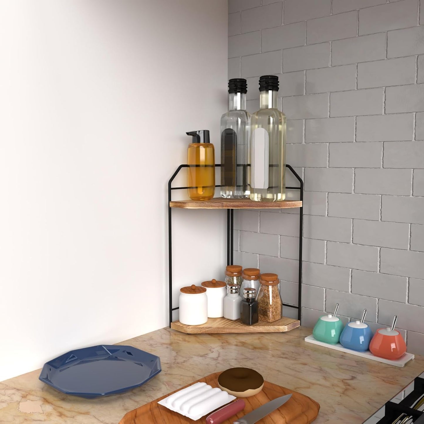 Corner Bathroom Counter Organizer - 2 Tier Wood Vanity Counter Shelf Perfume Skincare Holder, Countertop Corner Shelf Organizer for Bathroom, Kitchen, Brown