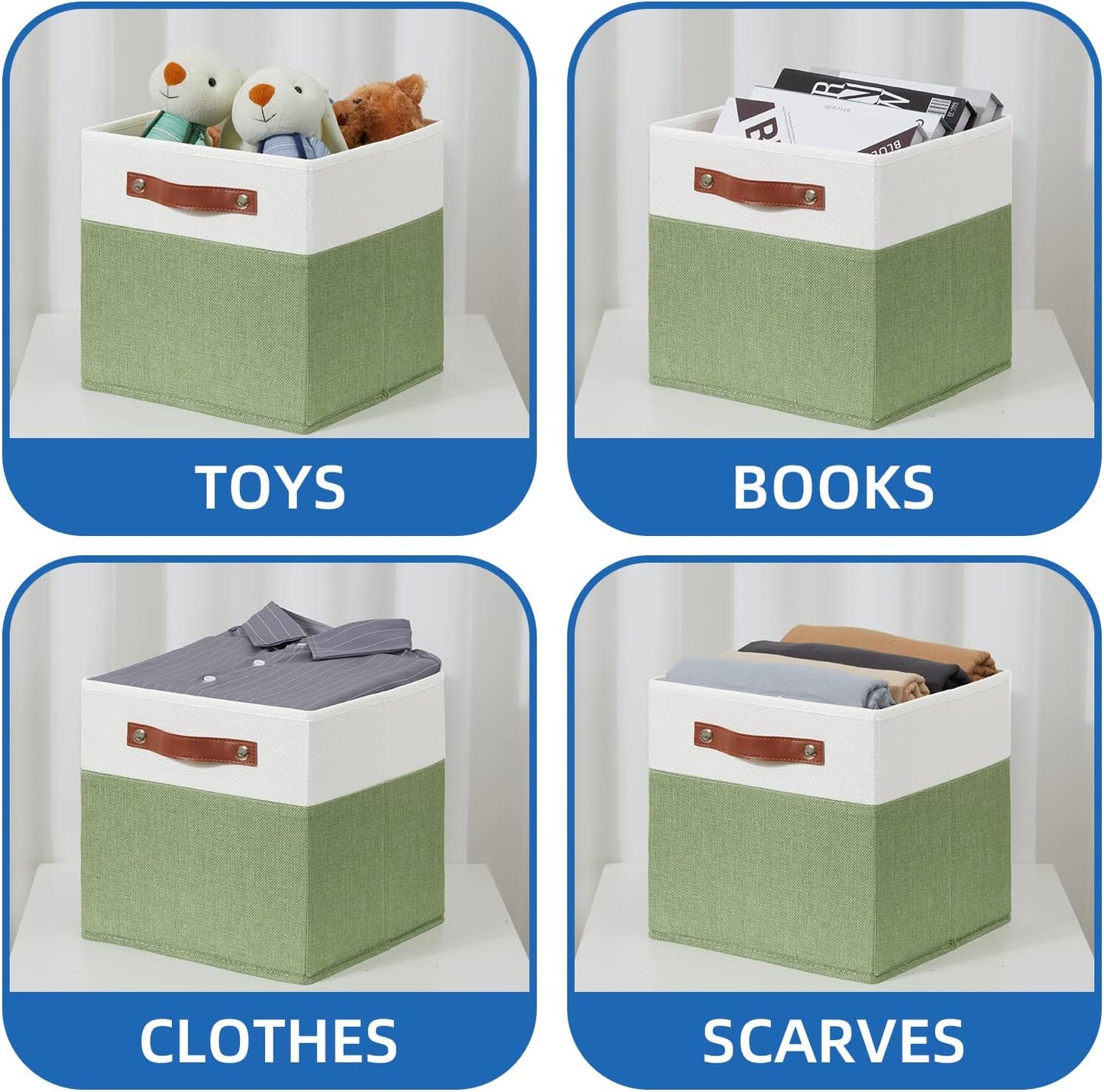 Temary Fabric Storage Bin 11x11 Cube Storage Bins for Home, 4 Pack Fabric Organizer Bins Cube Organizer Bins with Leather Handles Decorative Storage Bins for Shelf (White&Green)