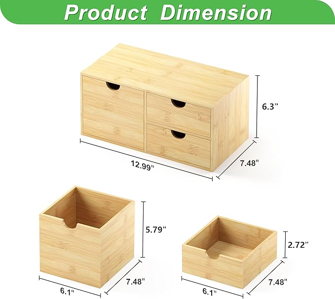 Bamboo Desk Organizer with Drawers - Small Desktop Countertop Mini Tabletop Storage Container - No Assembly Required