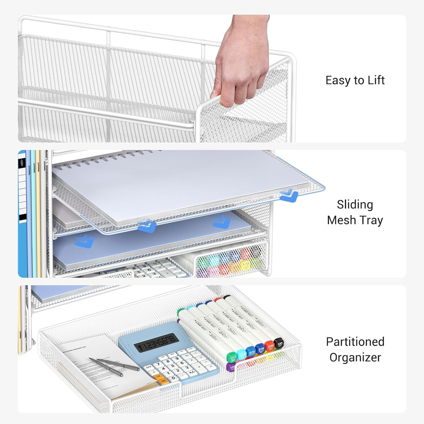 Desk Organizers and Accessories with File Holder, 5-Tier Office Desk Accessories & Workspace Desktop Organizer with Drawer and 2 Pen Holder, File Paper Organizer for Office Supplies(White)