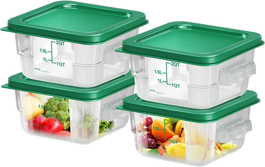 4 pcs 2qt Food Storage Containers with Lid, Square Clear Commercial Food Storage Containers with Handle and Scale for Food Storage in Home Kitchen & Dining (Rreen)