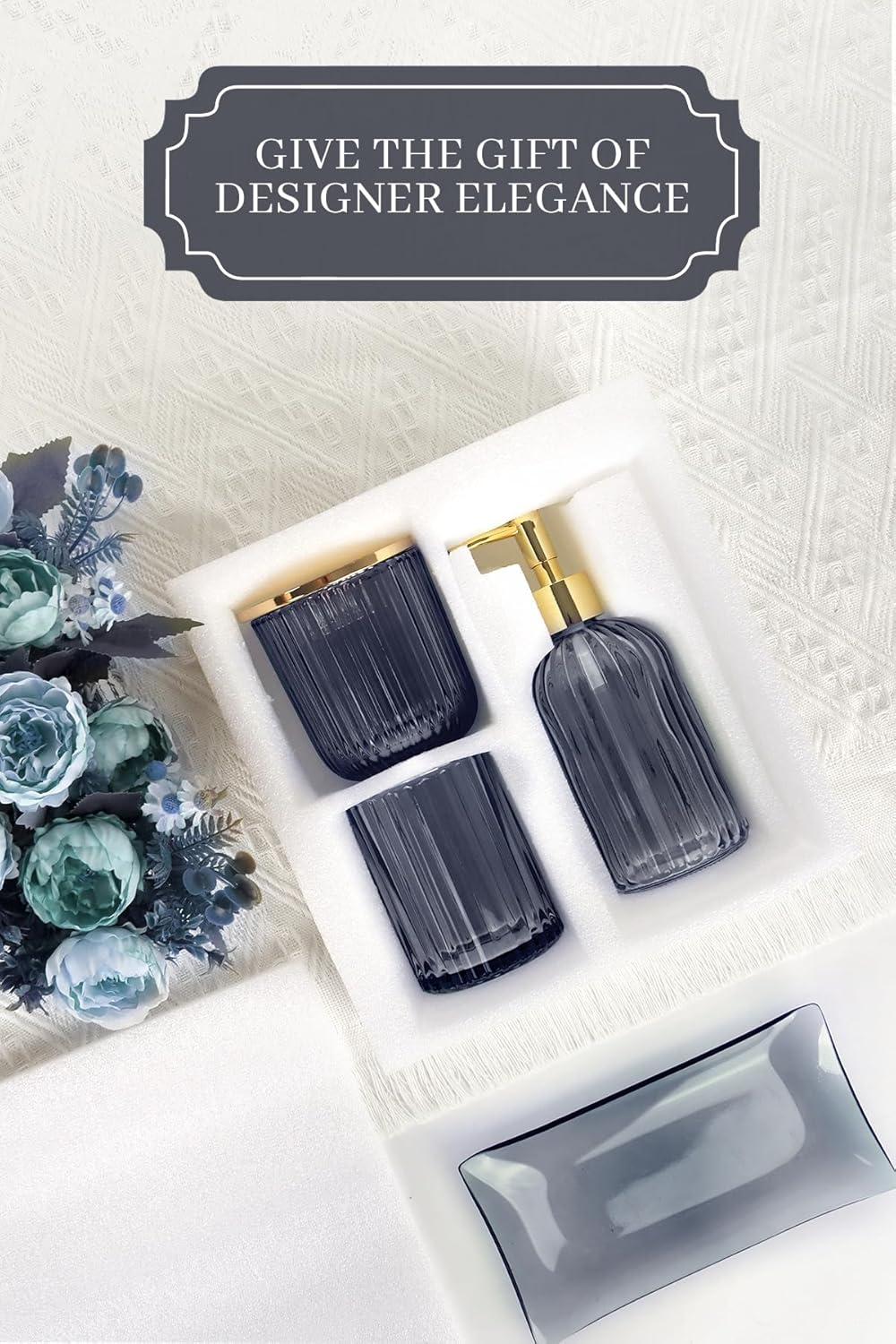 Designer Blue Glass Bathroom Accessories Sets - 4 Pcs with Lotion Soap Dispenser, Bathroom Toothbrush Holder, Vanity Tray, and Apothecary Jar, Vintage Bathroom Decor, Gift Countertop Organizer