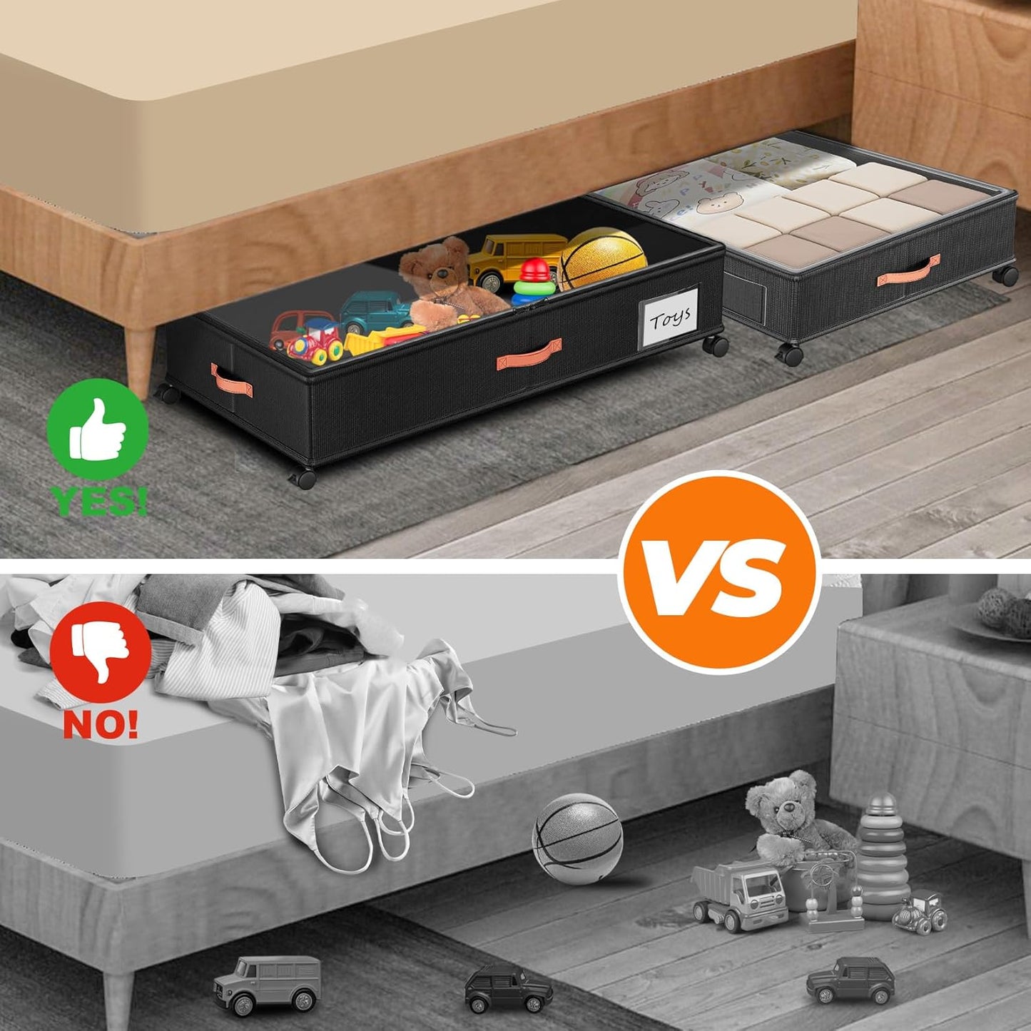 Under Bed Storage with Wheels,2-Pack Under Bed Storage Containers with Clear Lids,XXL Large Under the Bed Storage Organizer Bins With Handles,Space Saving Design for Clothes,Shoes,Books-Black