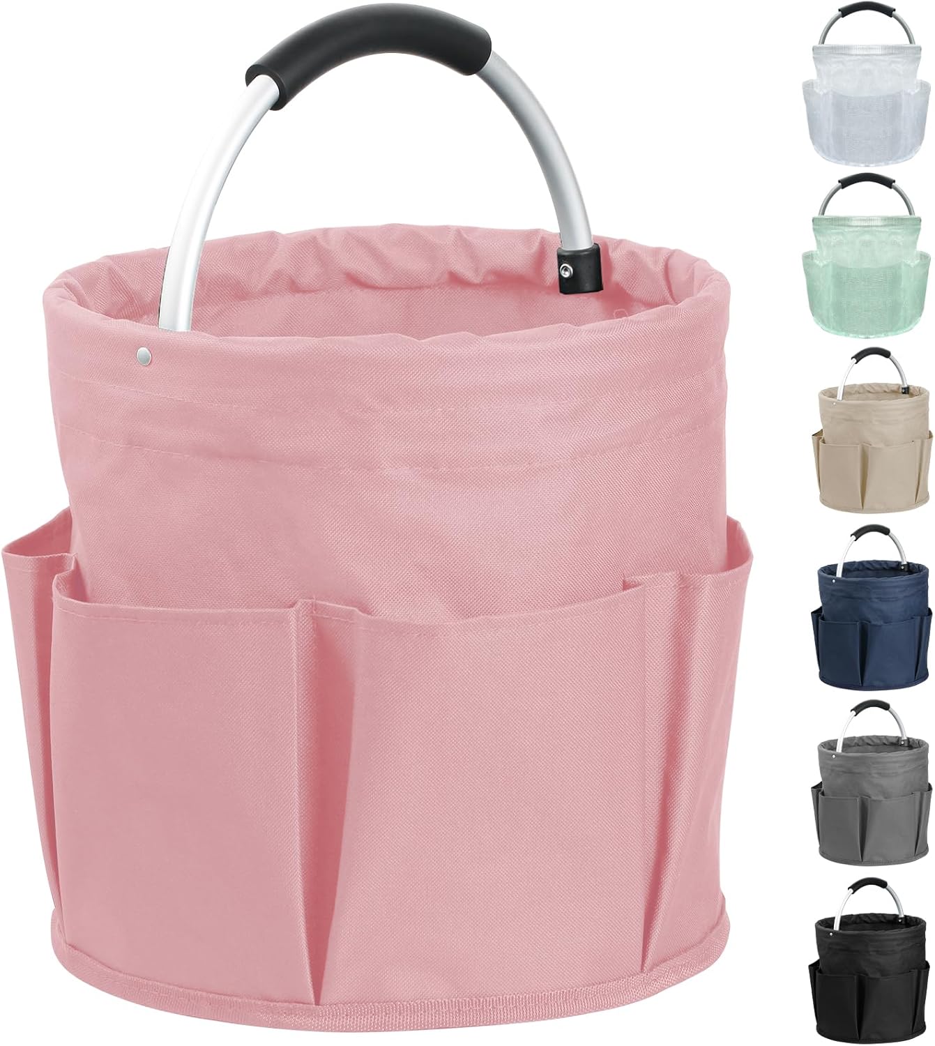17L Portable Shower Caddy with 6 Side Pockets, Foldable Cleaning Supply Caddy with Handle, Garden Tool Bag in 600D Oxford Fabric, Multifunctional Storage Basket for Showers, Picnics, Pink
