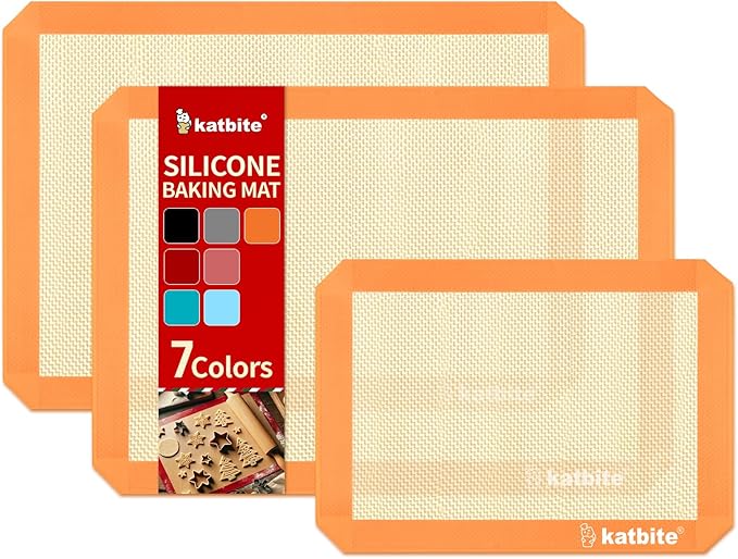 Katbite Silicone Baking Mat Colorful Collection - Set of 3: 2 Half Sheets Mats (11 5/8" x 16 1/2") + 1 Quarter Baking Sheet, Reusable & Nonstick Bakeware Mats for Cookies, Macarons, Bread (Orange)