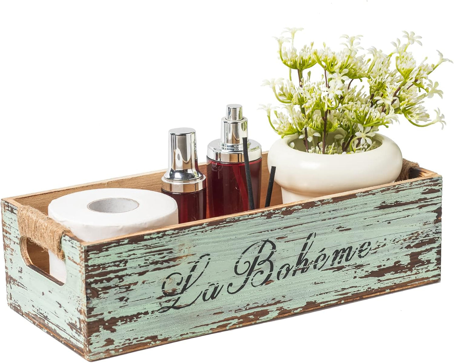 TIMRIS Farmhouse Distressed Wooden Storage Box, Rustic Bathroom Decor Box, Decorative Toilet Tank Basket Nice Butt, Vintage Countertop Organizer Box with Handles (Distressed Green)