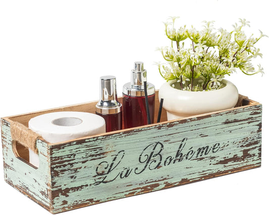 TIMRIS Farmhouse Distressed Wooden Storage Box, Rustic Bathroom Decor Box, Decorative Toilet Tank Basket Nice Butt, Vintage Countertop Organizer Box with Handles (Distressed Green)