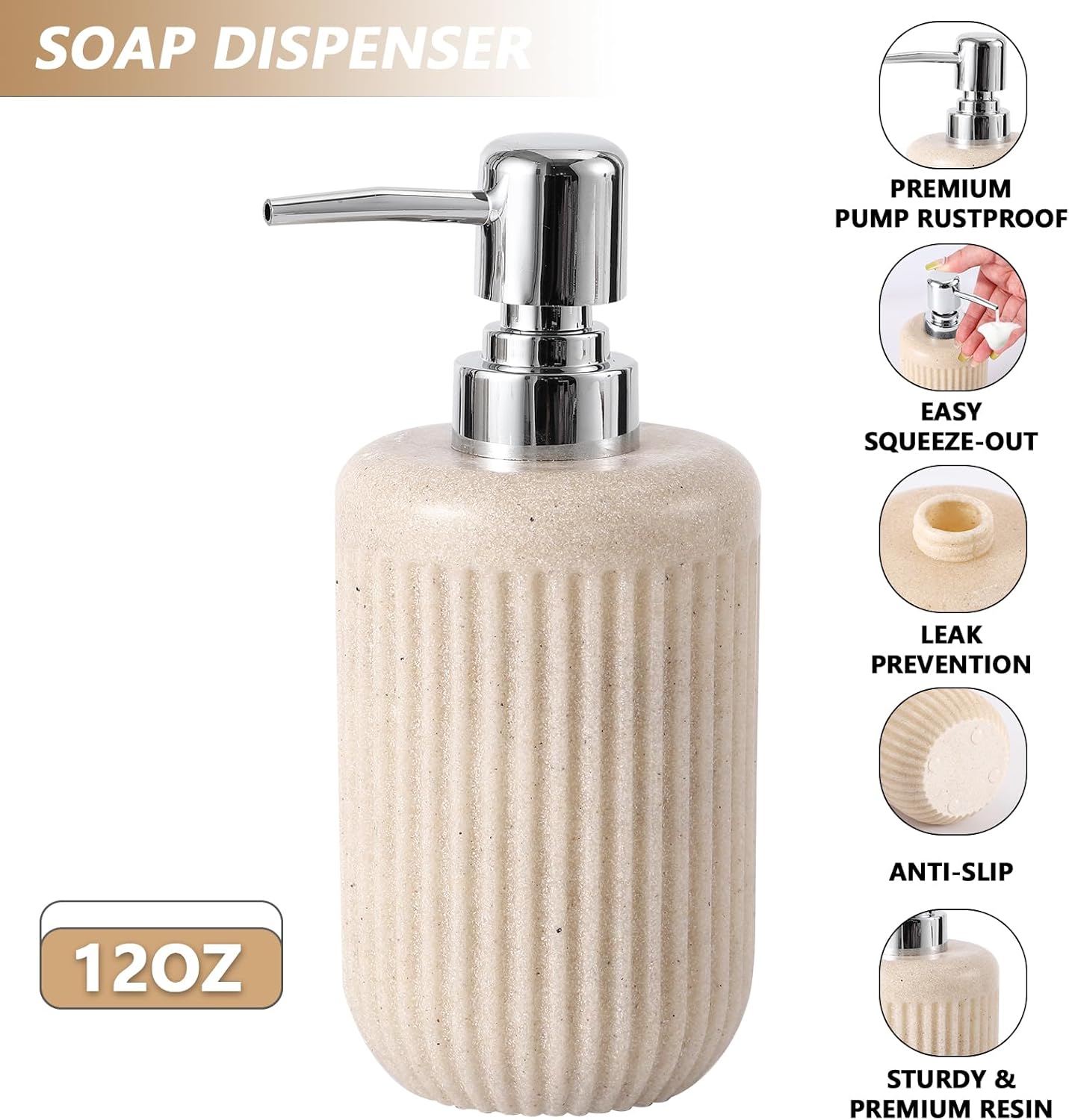 Resin Beige Bathroom Accessories Set 5 Pcs, Lotion Soap Dispenser, Toothbrush Holder, Bathroom Tumbler, Qtip Holder and Vanity Tray, Bathroom Countertop Organizer Set for Modern Home Apartment
