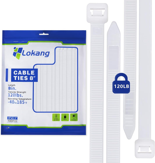 Cable Zip Ties 100 Pack, 8 Inch Zip Ties Heavy Duty, 120lbs Tensile Strength Wire Ties, White Cord Organizer for Indoor and Outdoor. By LOKANG