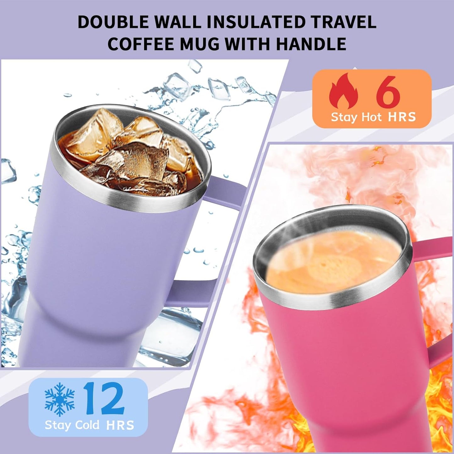 20oz Insulated Tumbler with Handle Stainless Steel Travel Coffee Mug with Lid and Straw Double Wall Vacuum Leak-proof Reusable Thermal Water Cup for Hot and Cold Drinks (Multicolor-7,6 Pack)