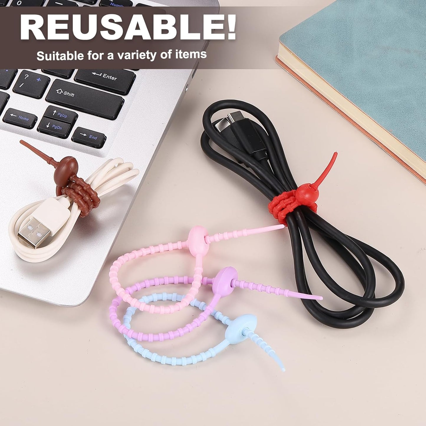 uxcell 20 Pcs Silicone Ties Bag Clip, 8.5 Inch Multi Purpose Silicone Zip Ties Reusable Rubber Zip Tie, Cable Strap Cord Organizer for Home Office Food Bag Wires Cables, Purple