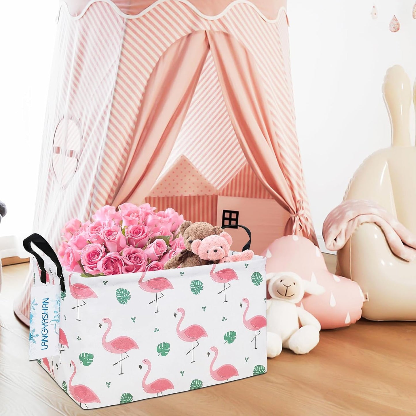 LANGYASHAN Rectangular Storage Bin Collapse Canvas Fabric Cartoon Storage Basket with Handles for Organizing Home Kitchen Boys and Girls Toys Office Closet Shelf Baskets(Rec Leaf Flamingo)