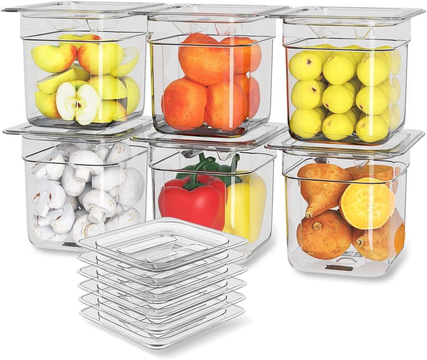 Plastic Clear Food Pan 1/6 Size Stackable Polycarbonate Pan with Capacity Indicator Restaurant Commercial Hotel Pans for Fruits Vegetables Beans Corns (6 PCS, 6'' Deep)