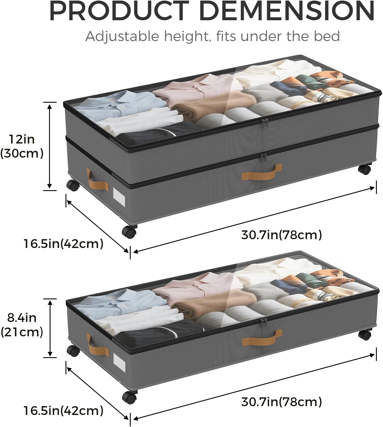 Under Bed Storage with Wheels 2-Pack, 75L XXL Under the Bed Storage Containers Large, 12" Tall Adjustable Storage for Underbed with Lids, Rolling for Shoes, Clothes, Blankets (Grey)
