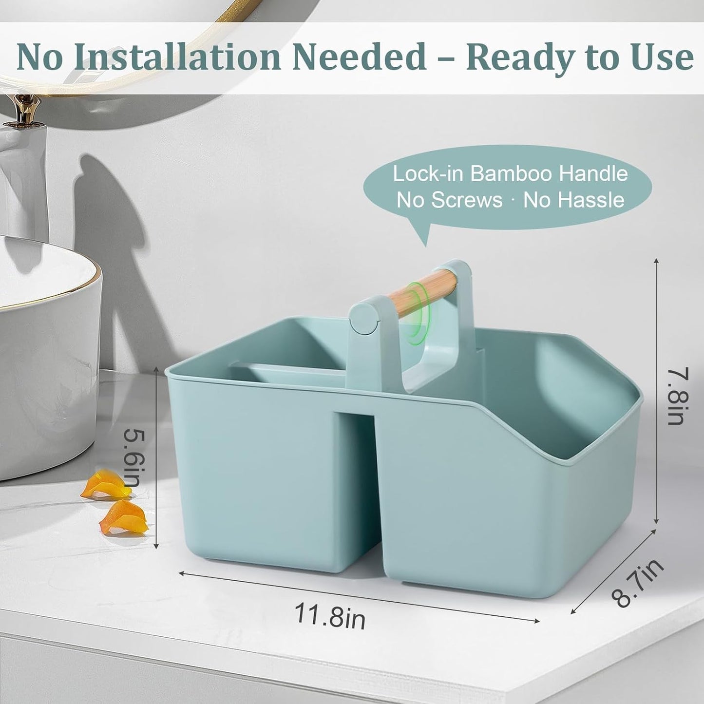 rejomiik Portable Shower Caddy Basket with Bamboo Handle, Plastic Cleaning Caddy Bathroom Organizer Tote for College Dorm Essentials, Bath Toy Storage, Blue