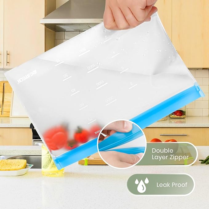 IDEATECH Reusable Bags Dishwasher Safe, BPA Free Reusable Freezer Bags Stand Up, Leakproof Silicone Bags for Food Storage Containers, Salad Fruit, Vegetables,Travel, Home Organization -Gray 6 Gallon