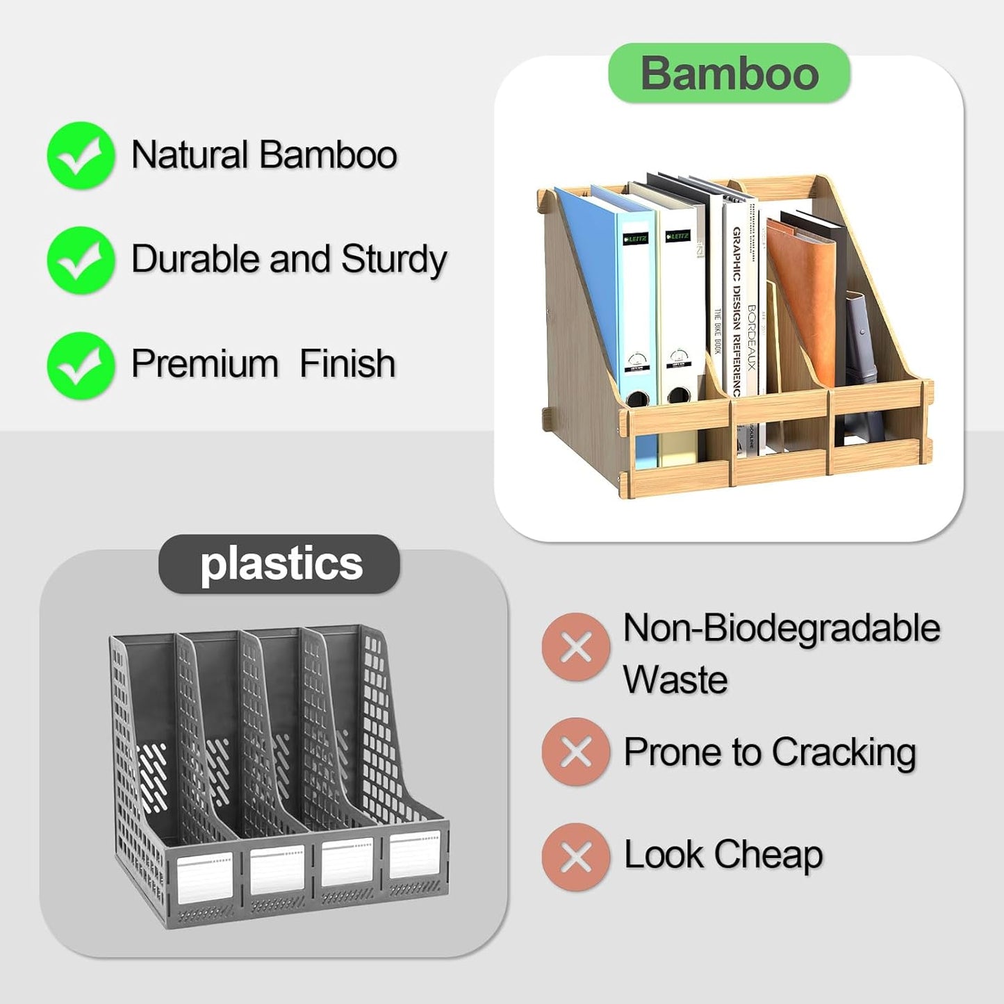 Bamboo Desktop Magazine Holder Desk File Organizer 3 Compartments Vertical File Dividers Book Holder Frames Document Cabinet Rack Storage Organizer Box for Home Office School Black (Nature)