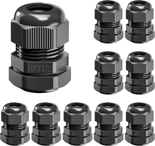 VCELINK 10 Pcs 1/2" NPT Cable Glands Nylon Waterproof, IP68 PA66 Cord Connectors, NPT 1/2" Wire Entry for Electrical Boxes, Strain Relief Wire Grommets, Black