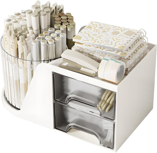 360 Degree Rotating Pencil Pen Holder for Desk , Cute Desk Pen Organizers Desktop Storage Stationery Supplies Cup Pot for Office School Home Art Supply Accessories Caddy Makeup Brush Holder White