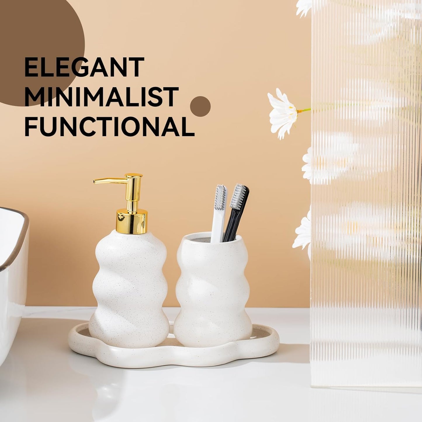 3-Piece Ceramic Bathroom Accessories Set with Sand Point Glaze Design - Tray, Lotion Dispenser, and Tumbler - Bring Nature to Your Bath